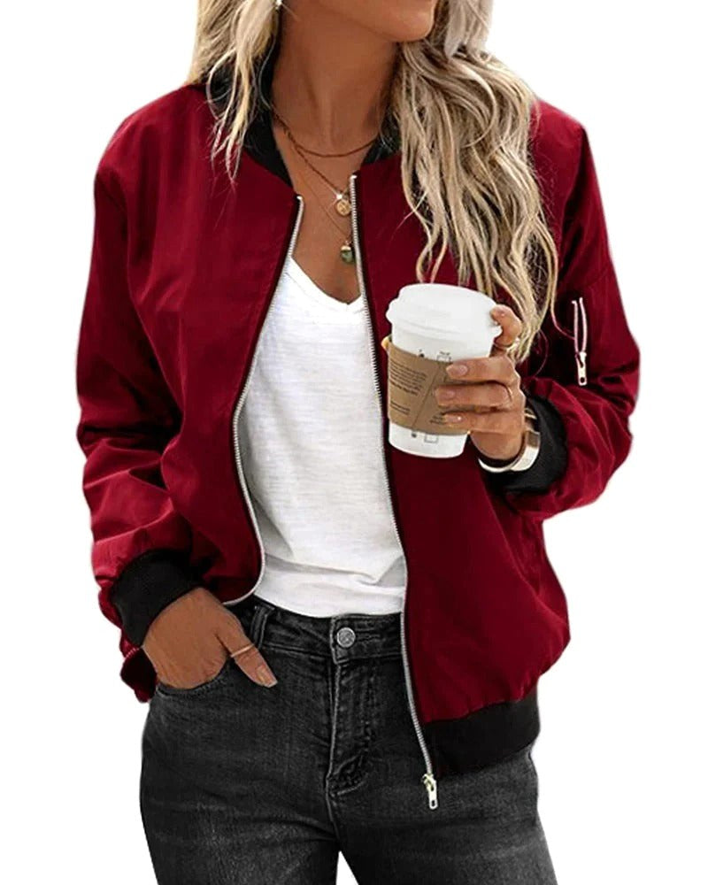 Ariane | Women's Classic Zip Bomber Jacket, Streamlined Lightweight Jacket | Bella Blue | Red