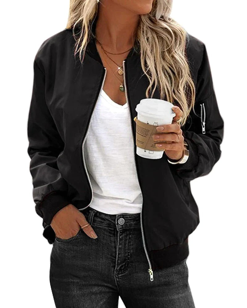 Ariane | Women's Classic Zip Bomber Jacket, Streamlined Lightweight Jacket | Bella Blue | Black