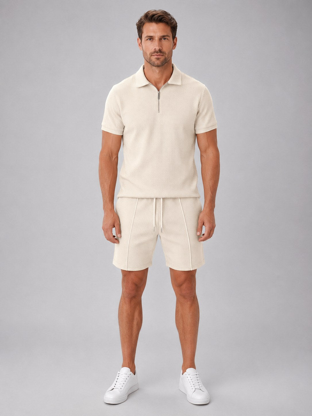 Ashley | Men's Zip Polo Shirt and Shorts Set, Relaxed Two-Piece Set | Bella Blue | Beige