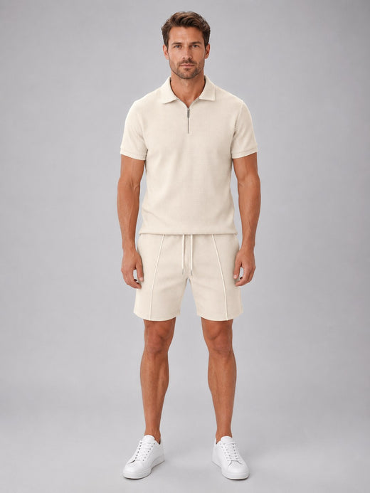 Ashley | Men's Zip Polo Shirt and Shorts Set, Relaxed Two-Piece Set | Bella Blue | Beige