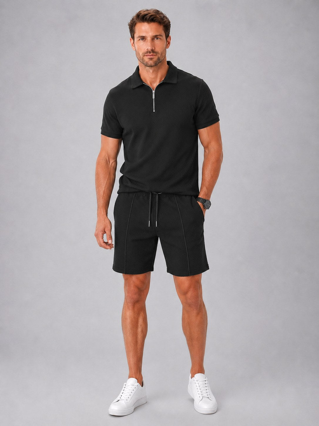 Ashley | Men's Zip Polo Shirt and Shorts Set, Relaxed Two-Piece Set | Bella Blue