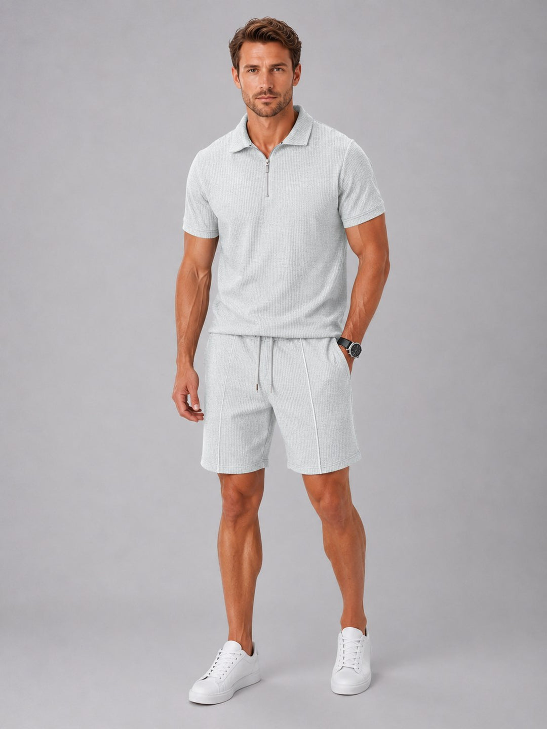 Ashley | Men's Zip Polo Shirt and Shorts Set, Relaxed Two-Piece Set | Bella Blue