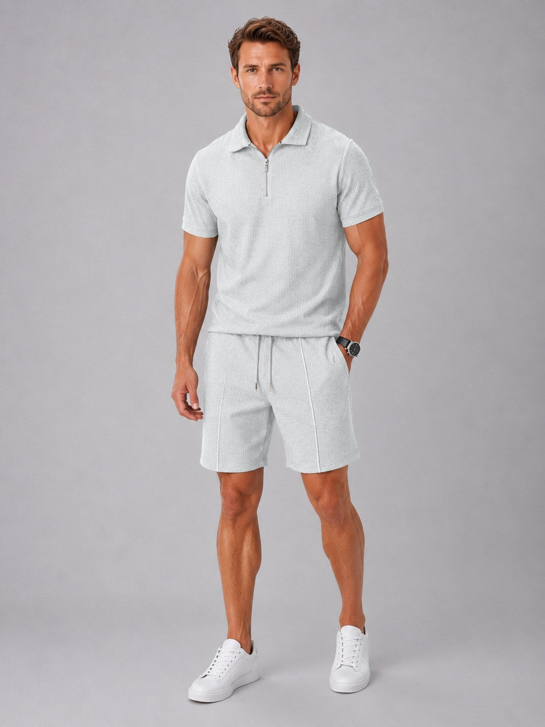 Ashley | Men's Zip Polo Shirt and Shorts Set, Relaxed Two-Piece Set | Bella Blue