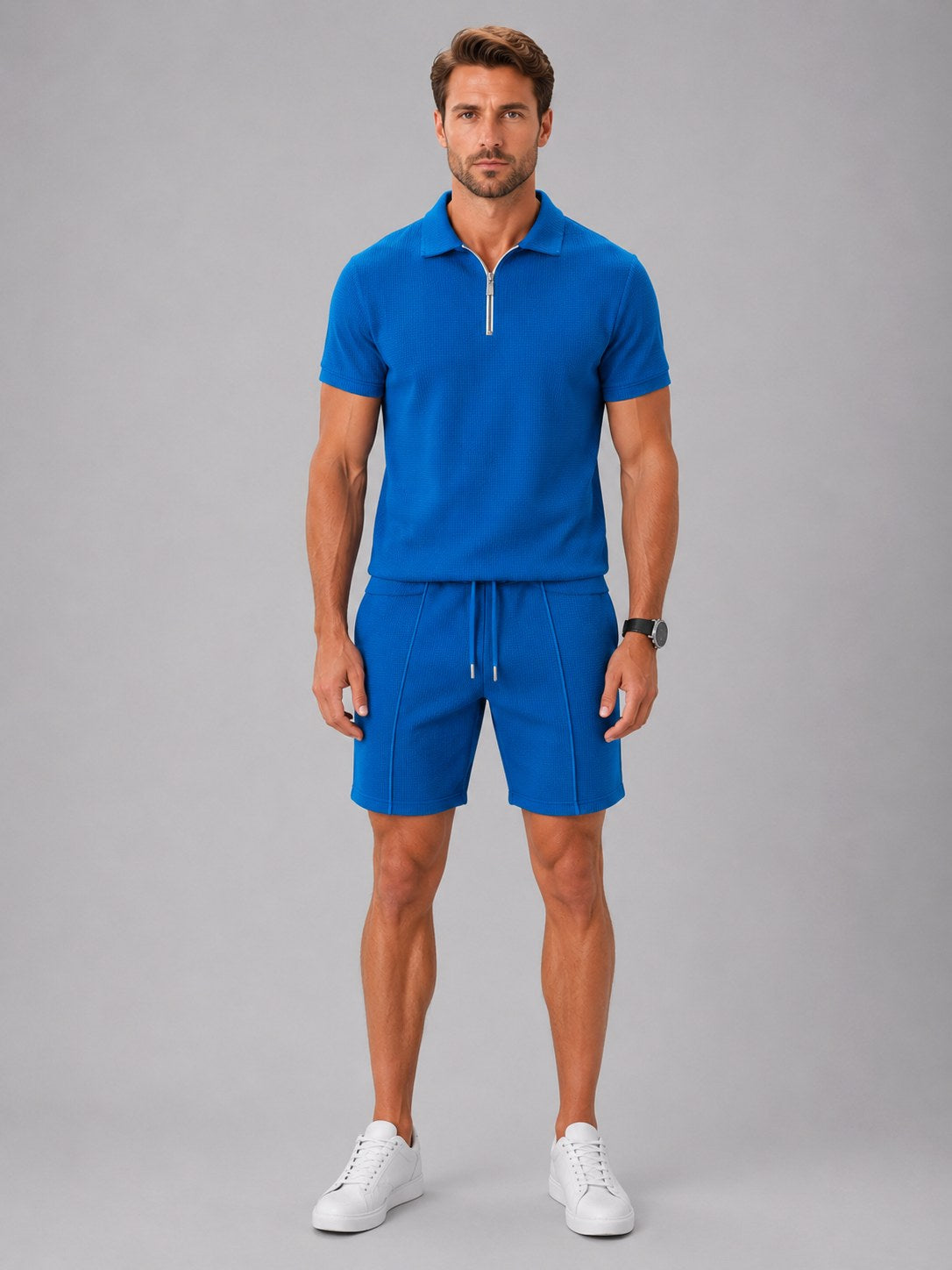 Ashley | Men's Zip Polo Shirt and Shorts Set, Relaxed Two-Piece Set | Bella Blue