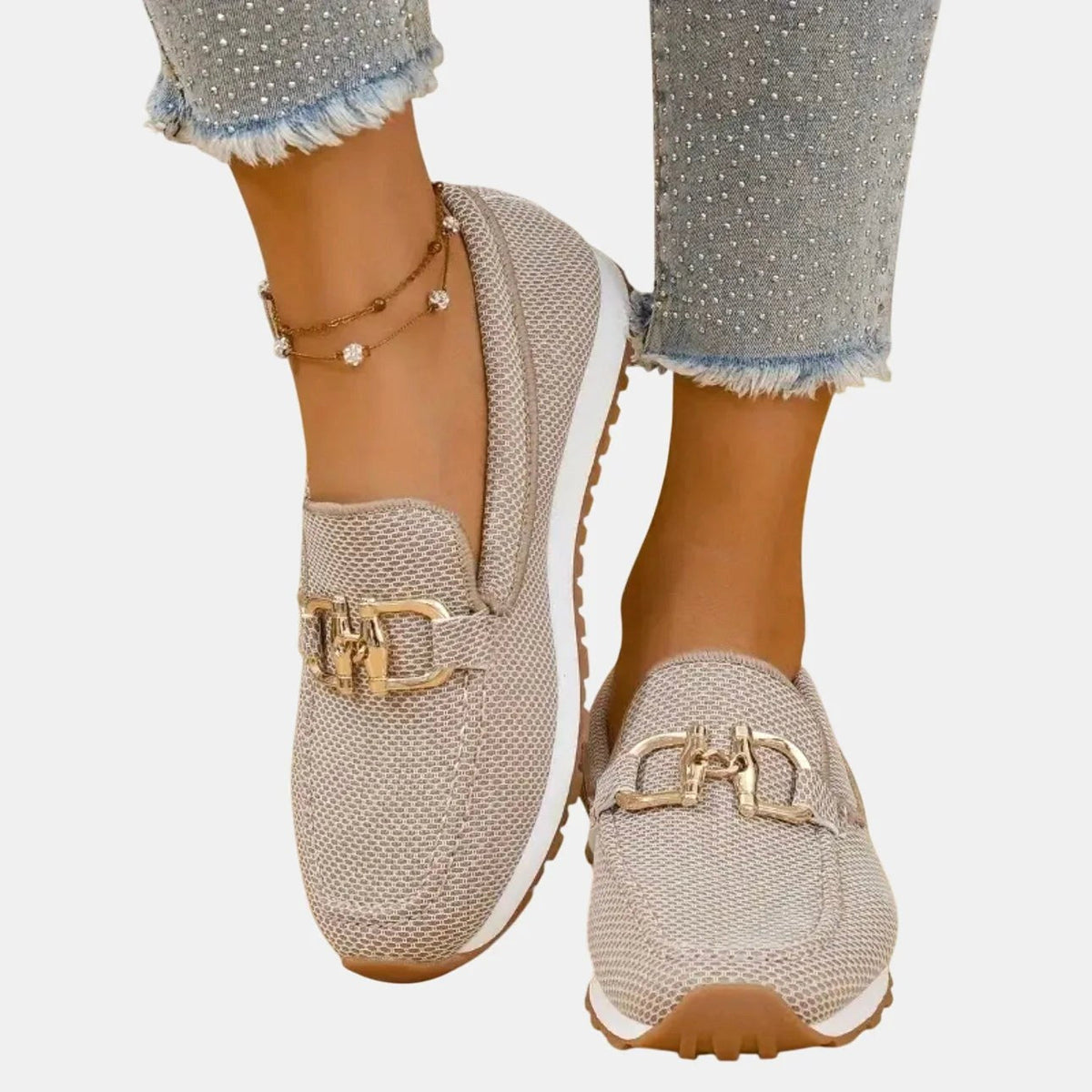 Aubrey | Women's Slip-On Loafer Sneakers, Woven Hybrid Trainers | Bella Blue | Khaki