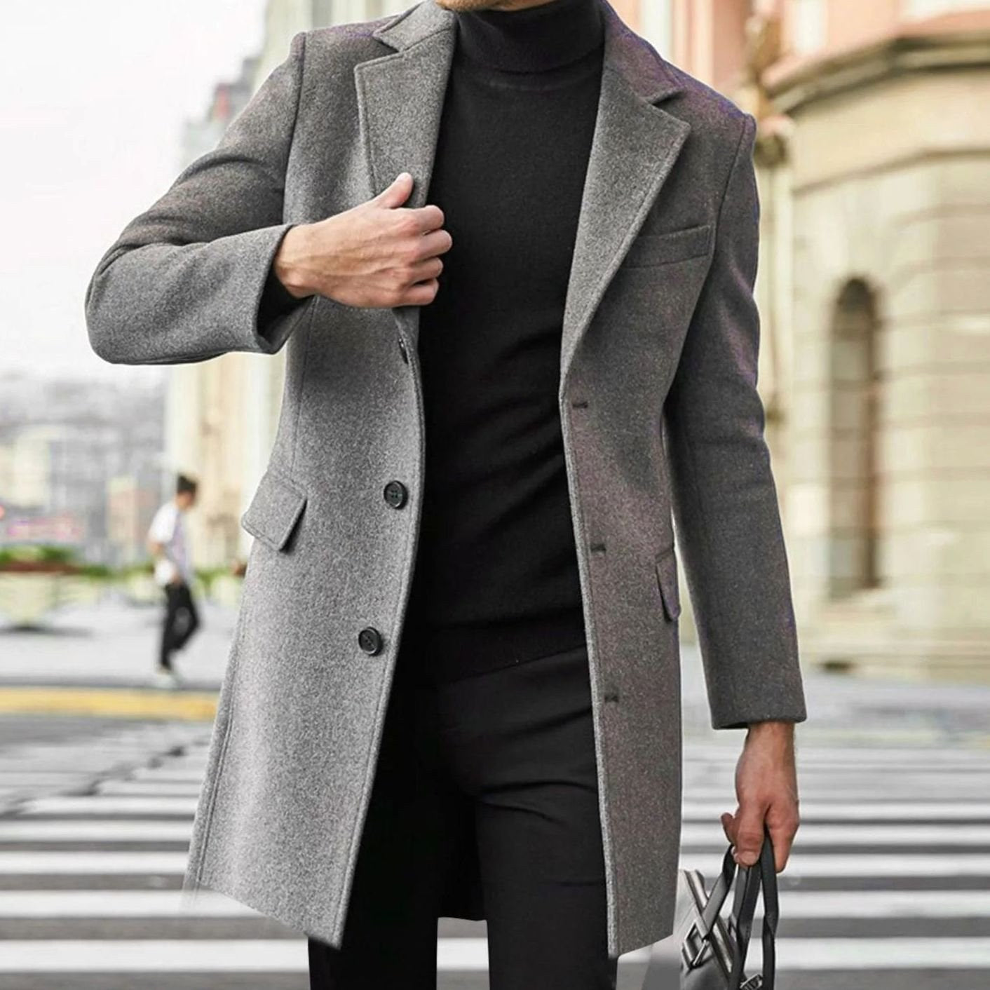 August | Men's Tailored Wool-Blend Coat with Single-Breasted Fastening, Elegant Winter Coat | Bella Blue | Black