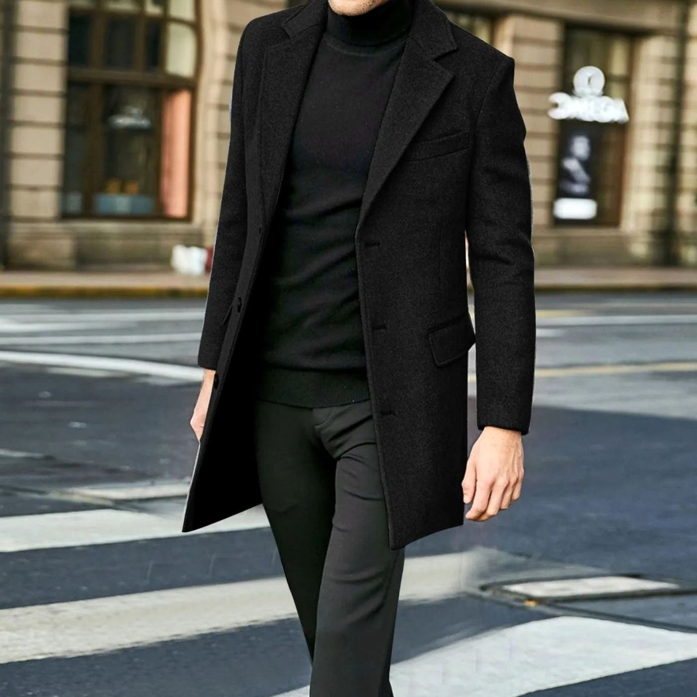 August | Men's Tailored Wool-Blend Coat with Single-Breasted Fastening, Elegant Winter Coat | Bella Blue | Black
