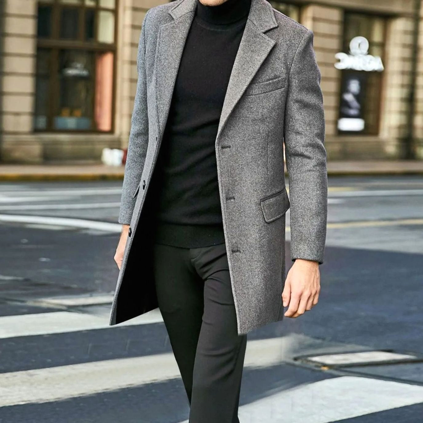 August | Men's Tailored Wool-Blend Coat with Single-Breasted Fastening, Elegant Winter Coat | Bella Blue | Black
