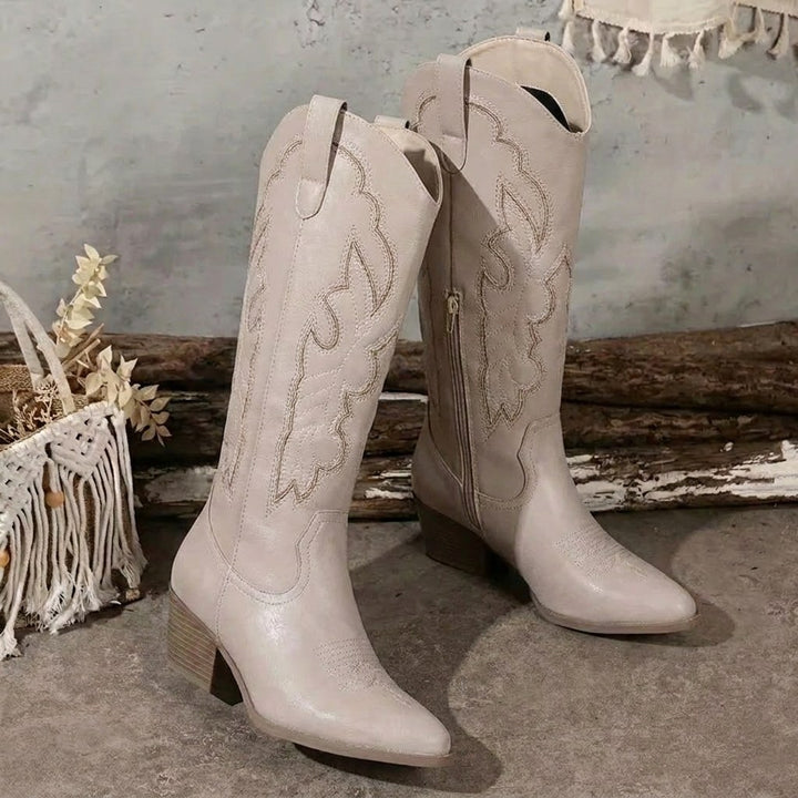 Aurelia | Women's Knee-High Cowgirl Boots with Embroidery, Block Heel Western Boots | Bella Blue
