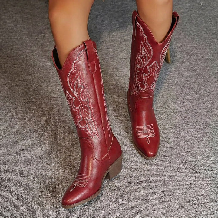 Aurelia | Women's Knee-High Cowgirl Boots with Embroidery, Block Heel Western Boots | Bella Blue