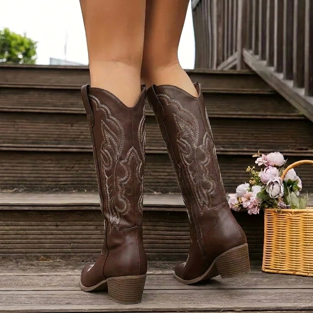 Aurelia | Women's Knee-High Cowgirl Boots with Embroidery, Block Heel Western Boots | Bella Blue | Black
