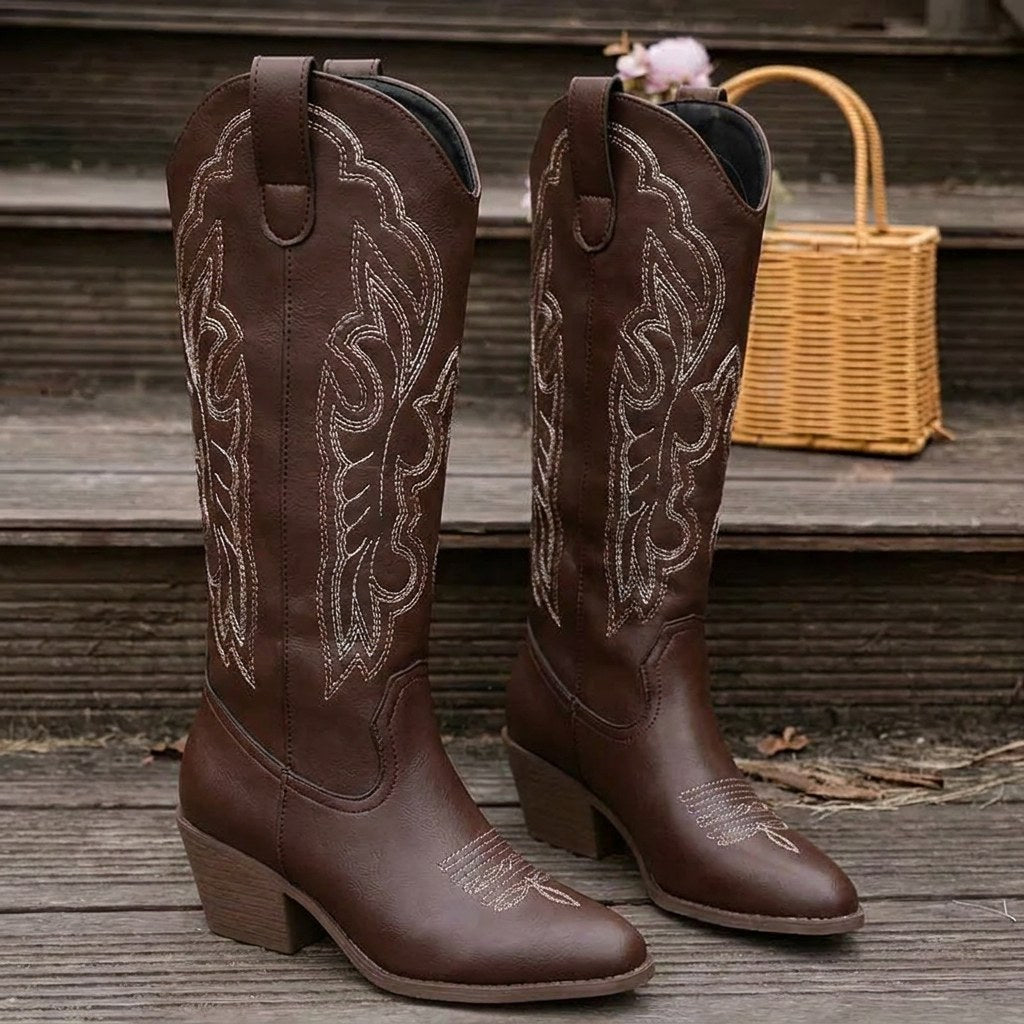 Aurelia | Women's Knee-High Cowgirl Boots with Embroidery, Block Heel Western Boots | Bella Blue