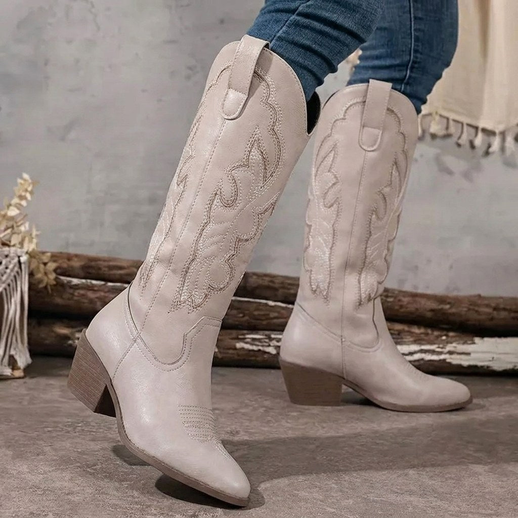 Aurelia | Women's Knee-High Cowgirl Boots with Embroidery, Block Heel Western Boots | Bella Blue
