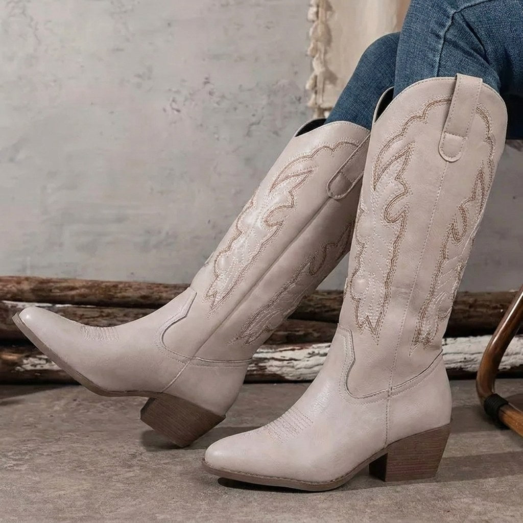 Aurelia | Women's Knee-High Cowgirl Boots with Embroidery, Block Heel Western Boots | Bella Blue