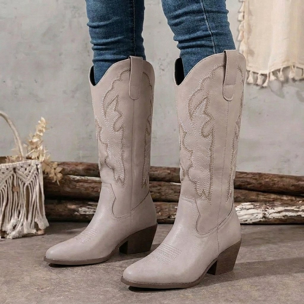 Aurelia | Women's Knee-High Cowgirl Boots with Embroidery, Block Heel Western Boots | Bella Blue