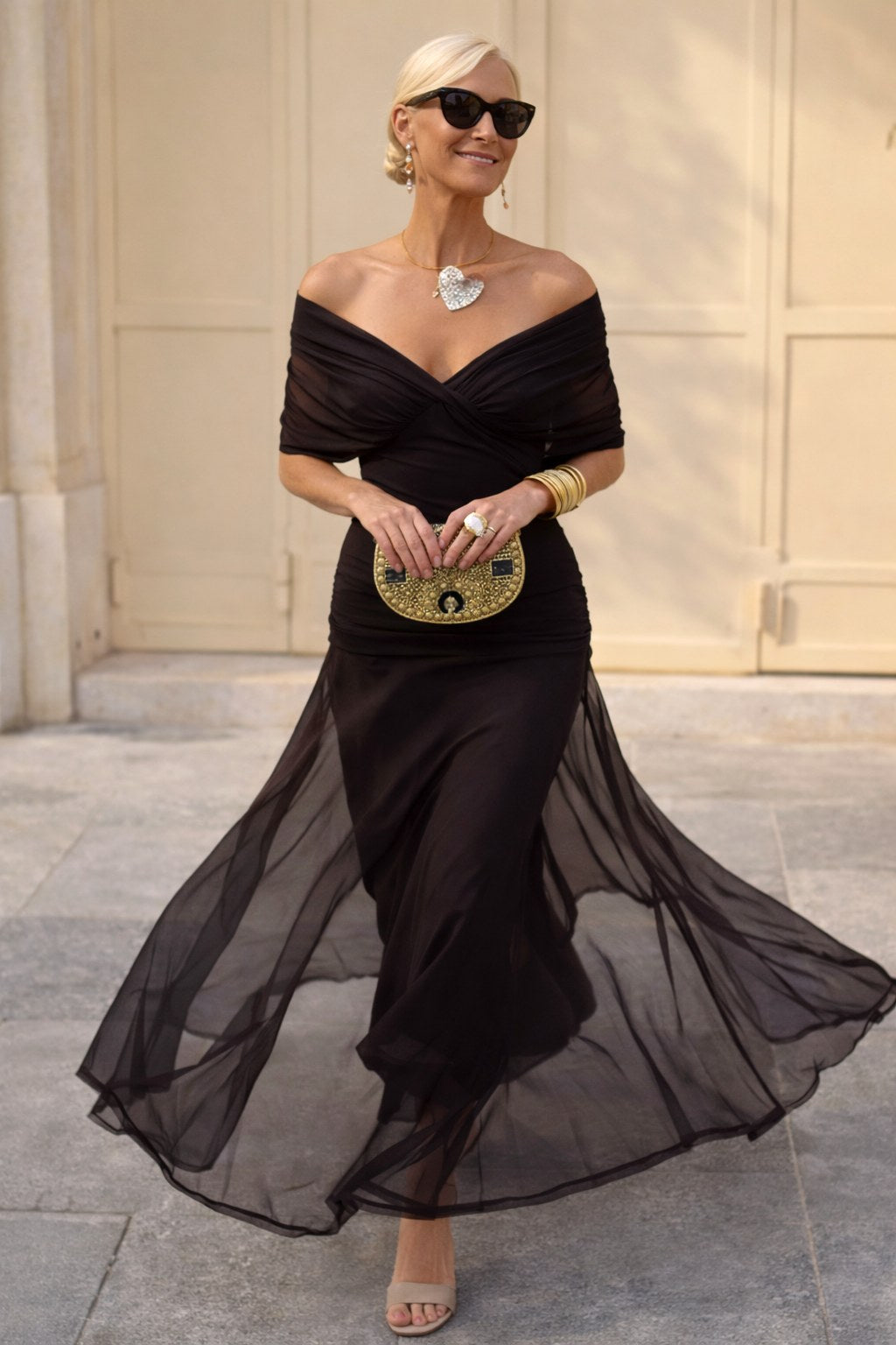 Aurelie | Women's V-Neck Chiffon Maxi Dress, Flowing Ankle-Length Dress | Bella Blue