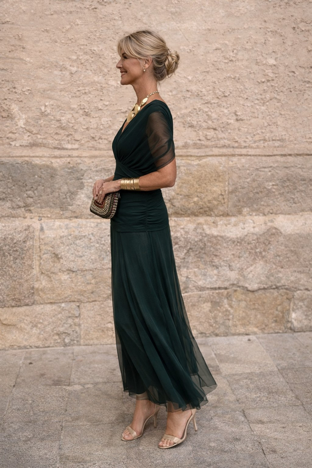 Aurelie | Women's V-Neck Chiffon Maxi Dress, Flowing Ankle-Length Dress | Bella Blue | Green