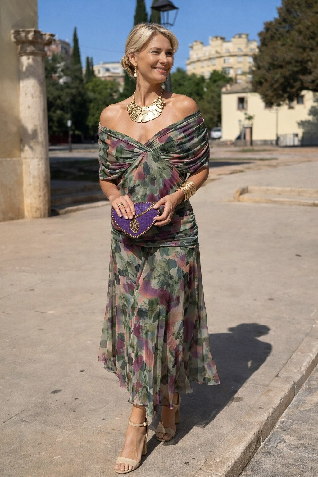 Aurelie | Women's V-Neck Chiffon Maxi Dress, Flowing Ankle-Length Dress | Bella Blue | Brown