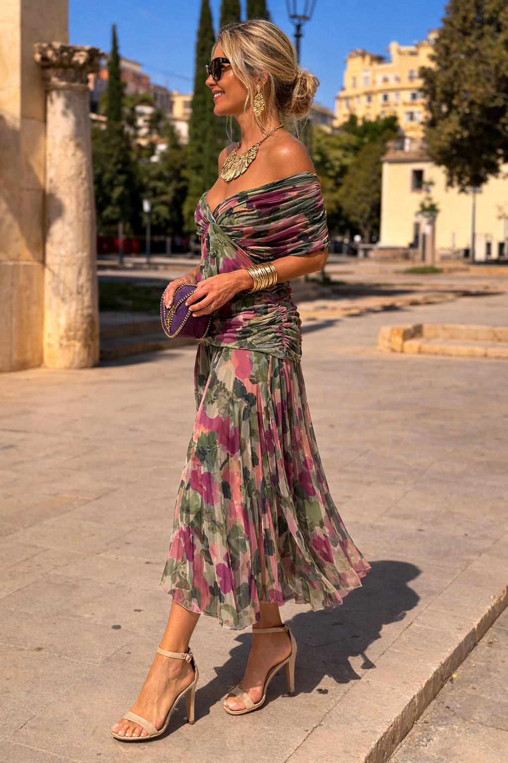 Aurelie | Women's V-Neck Chiffon Maxi Dress, Flowing Ankle-Length Dress | Bella Blue | Brick Red