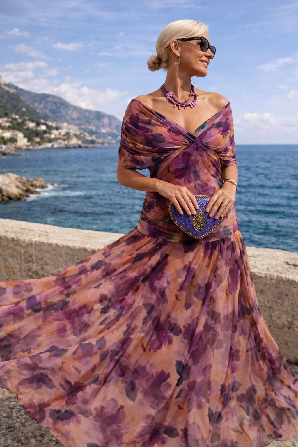 Aurelie | Women's V-Neck Chiffon Maxi Dress, Flowing Ankle-Length Dress | Bella Blue