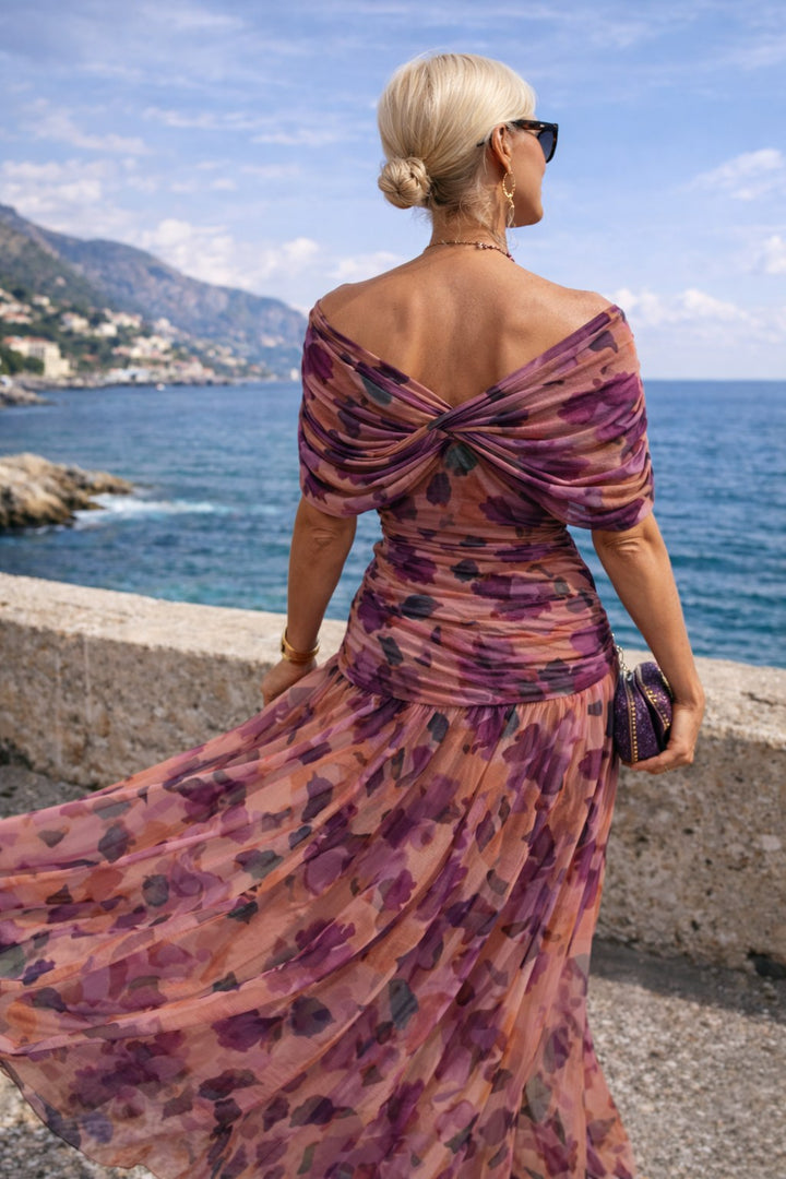 Aurelie | Women's V-Neck Chiffon Maxi Dress, Flowing Ankle-Length Dress | Bella Blue