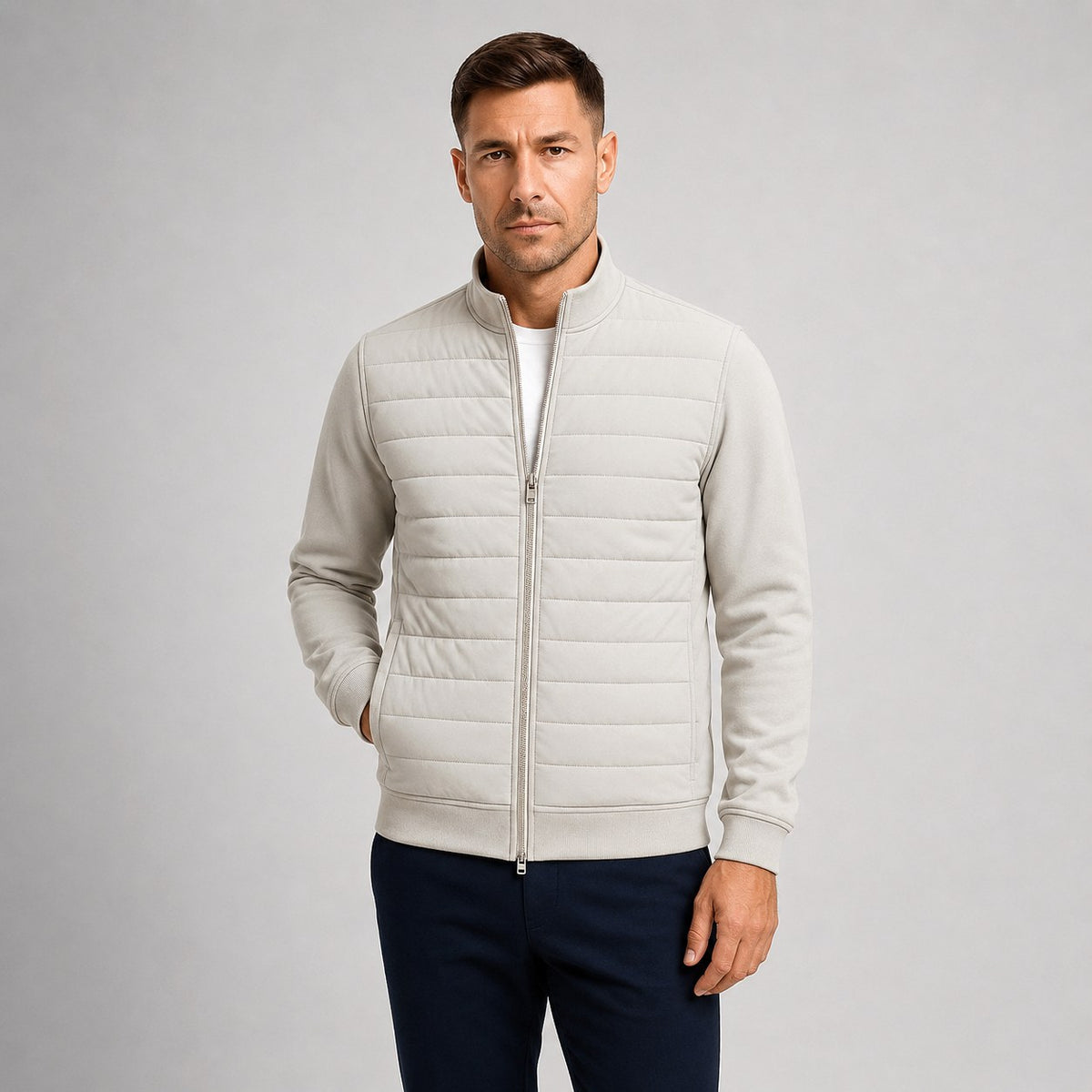 Austin | Men's Quilted Hybrid Jacket, Knitted Sleeves Autumn Jacket | Bella Blue