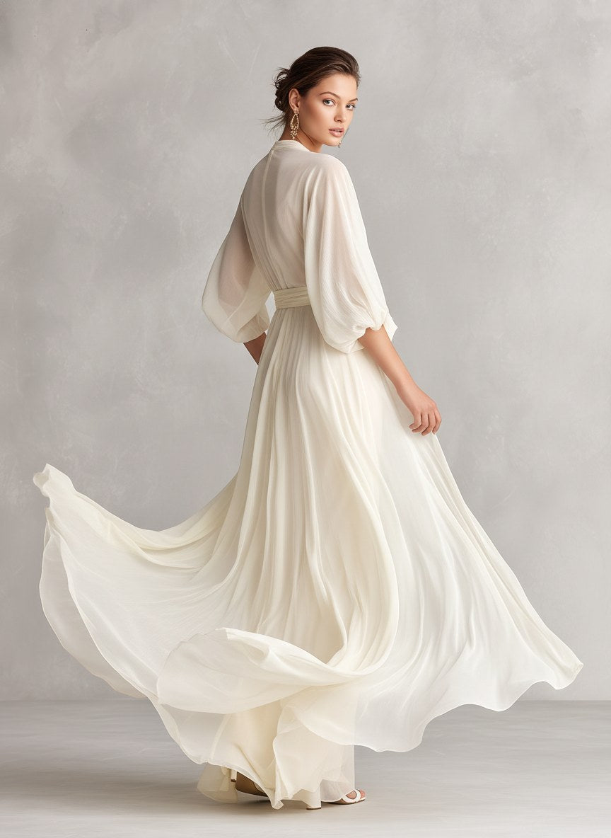 Avery | Women's Ivory Chiffon Wrap Dress With Puff Sleeves - image 5