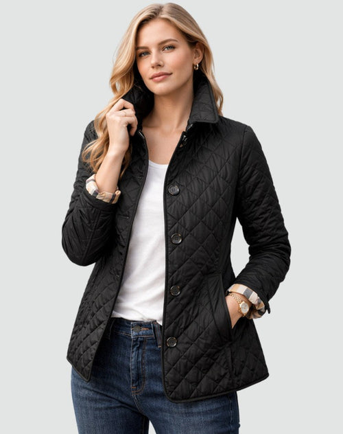 Avery | Women's Quilted Button-Front Jacket, Lightweight Mid-Season Coat | Bella Blue | Black
