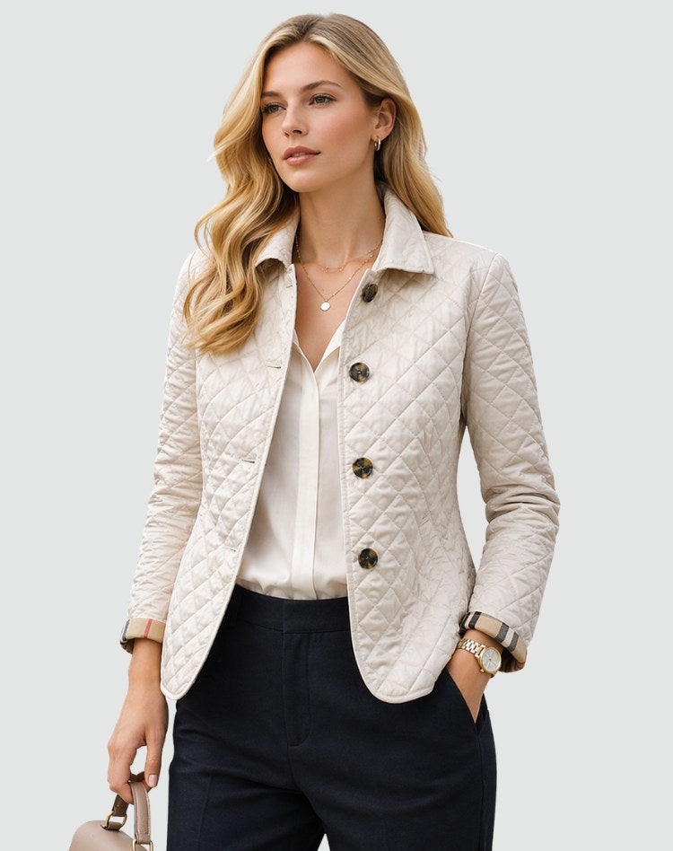 Avery | Women's Quilted Button-Front Jacket, Lightweight Mid-Season Coat | Bella Blue | White