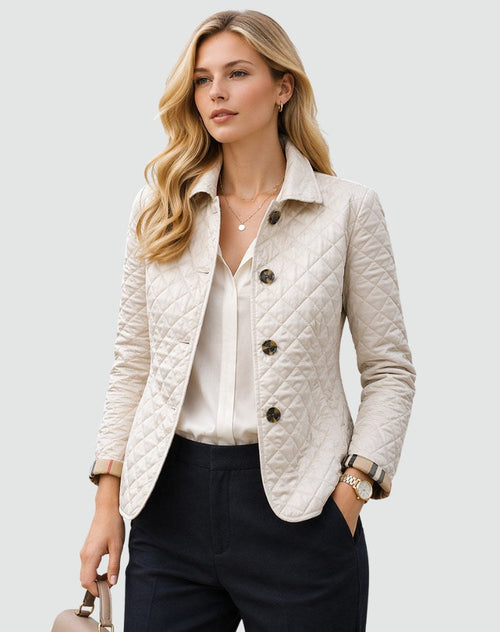 Avery | Women's Quilted Button-Front Jacket, Lightweight Mid-Season Coat | Bella Blue | White