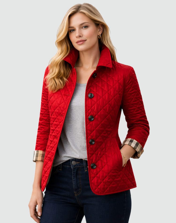 Avery | Women's Quilted Button-Front Jacket, Lightweight Mid-Season Coat | Bella Blue | Red