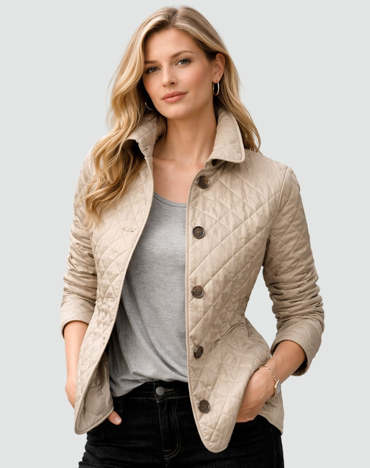 Avery | Women's Quilted Button-Front Jacket, Lightweight Structured Coat | Bella Blue | Khaki