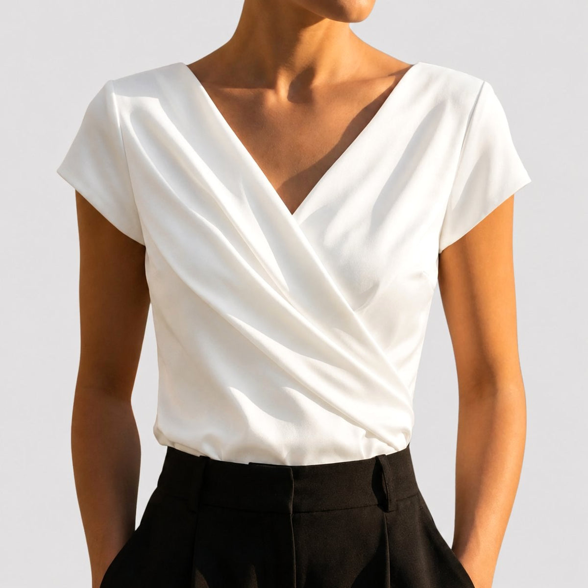 Bella | Women's Draped V-Neck Blouse, Short-Sleeve Wrap Top | Bella Blue