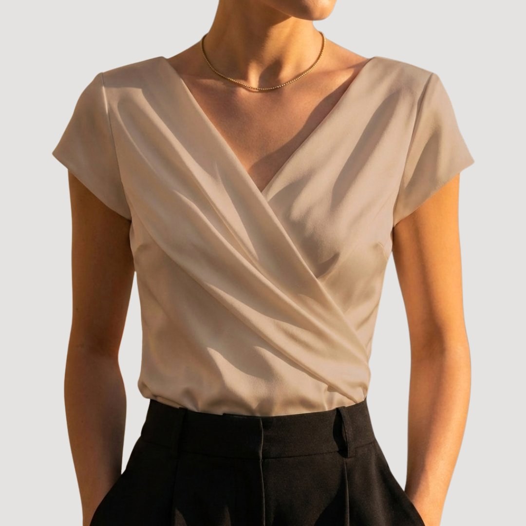 Bella | Women's Draped V-Neck Blouse, Short-Sleeve Wrap Top | Bella Blue