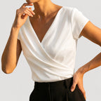 Bella | Women's Draped V-Neck Blouse, Short-Sleeve Wrap Top | Bella Blue