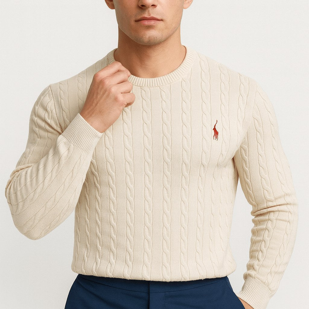 Benjamin | Men's Cable-Knit Jumper, Classic Textured Crew Neck Jumper | Bella Blue