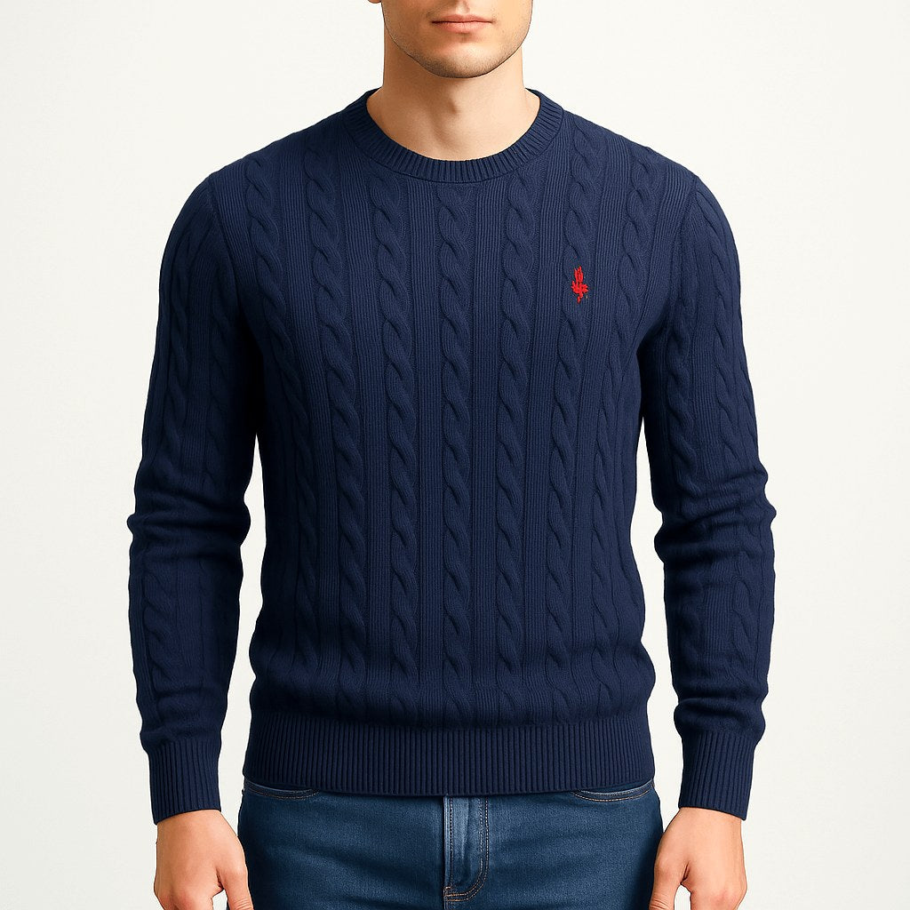 Benjamin | Men's Cable-Knit Jumper, Classic Textured Crew Neck Jumper | Bella Blue