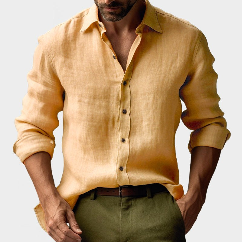 Benjamin | Men's Linen Shirt with Button-Down Collar, Long Sleeves Casual Shirt | Bella Blue | Yellow