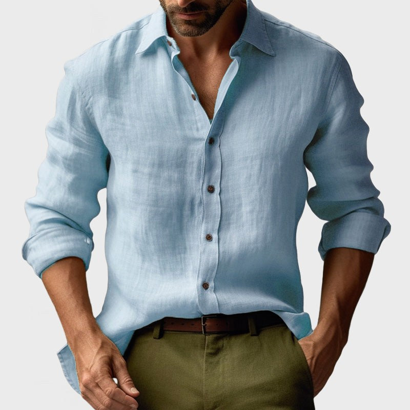 Benjamin | Men's Linen Shirt with Button-Down Collar, Long Sleeves Casual Shirt | Bella Blue | Light Blue
