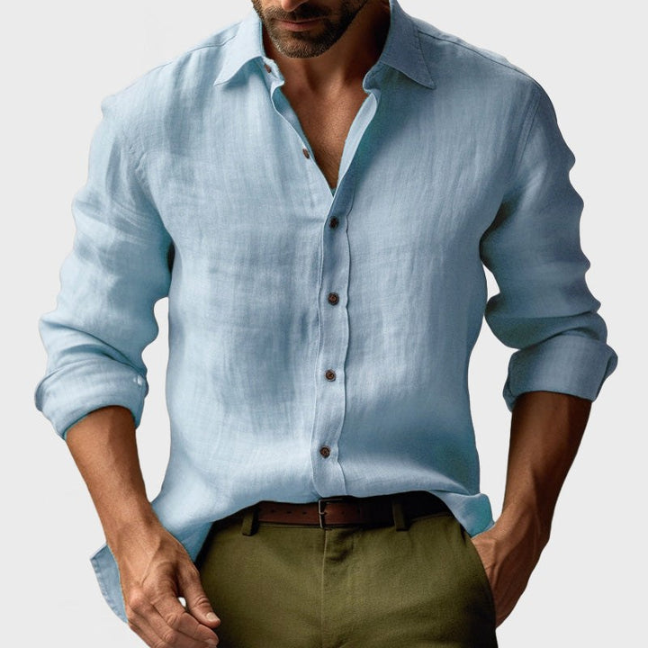 Benjamin | Men's Linen Shirt with Button-Down Collar, Long Sleeves Casual Shirt | Bella Blue | Light Blue