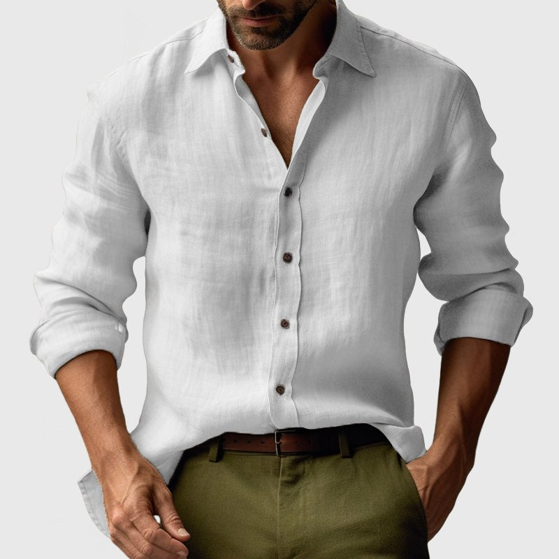 Benjamin | Men's Linen Shirt with Button-Down Collar, Long Sleeves Casual Shirt | Bella Blue | White