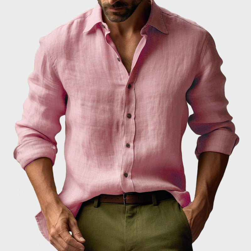 Benjamin | Men's Linen Shirt with Button-Down Collar, Long Sleeves Casual Shirt | Bella Blue | Pink