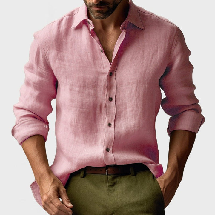 Benjamin | Men's Linen Shirt with Button-Down Collar, Long Sleeves Casual Shirt | Bella Blue | Pink