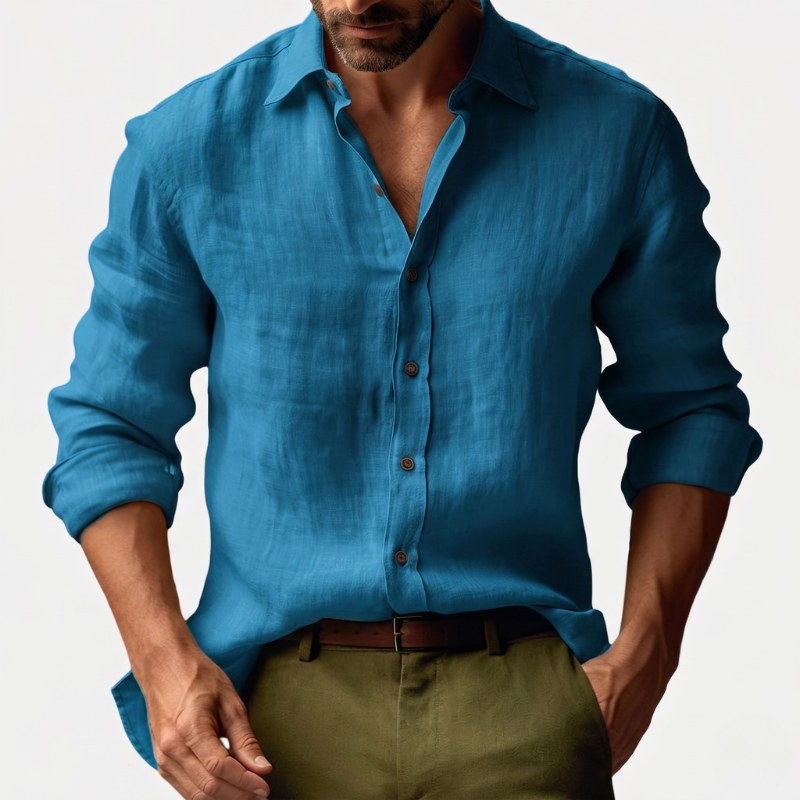 Benjamin | Men's Linen Shirt with Button-Down Collar, Long Sleeves Casual Shirt | Bella Blue | Blue