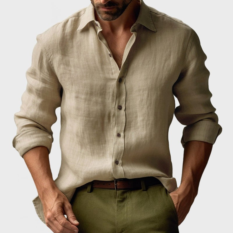 Benjamin | Men's Linen Shirt with Button-Down Collar, Long Sleeves Casual Shirt | Bella Blue | Khaki