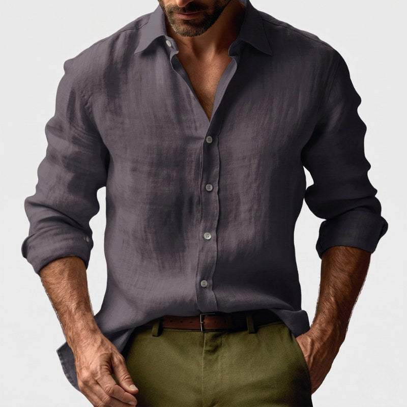 Benjamin | Men's Linen Shirt with Button-Down Collar, Long Sleeves Casual Shirt | Bella Blue | Coffee