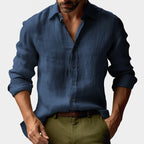 Benjamin | Men's Linen Shirt with Button-Down Collar, Long Sleeves Casual Shirt | Bella Blue | Navy Blue