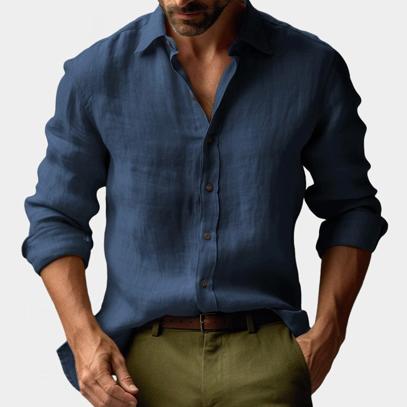 Benjamin | Men's Linen Shirt with Button-Down Collar, Long Sleeves Casual Shirt | Bella Blue | Navy Blue