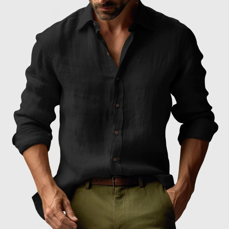 Benjamin | Men's Linen Shirt with Button-Down Collar, Long Sleeves Casual Shirt | Bella Blue | Black