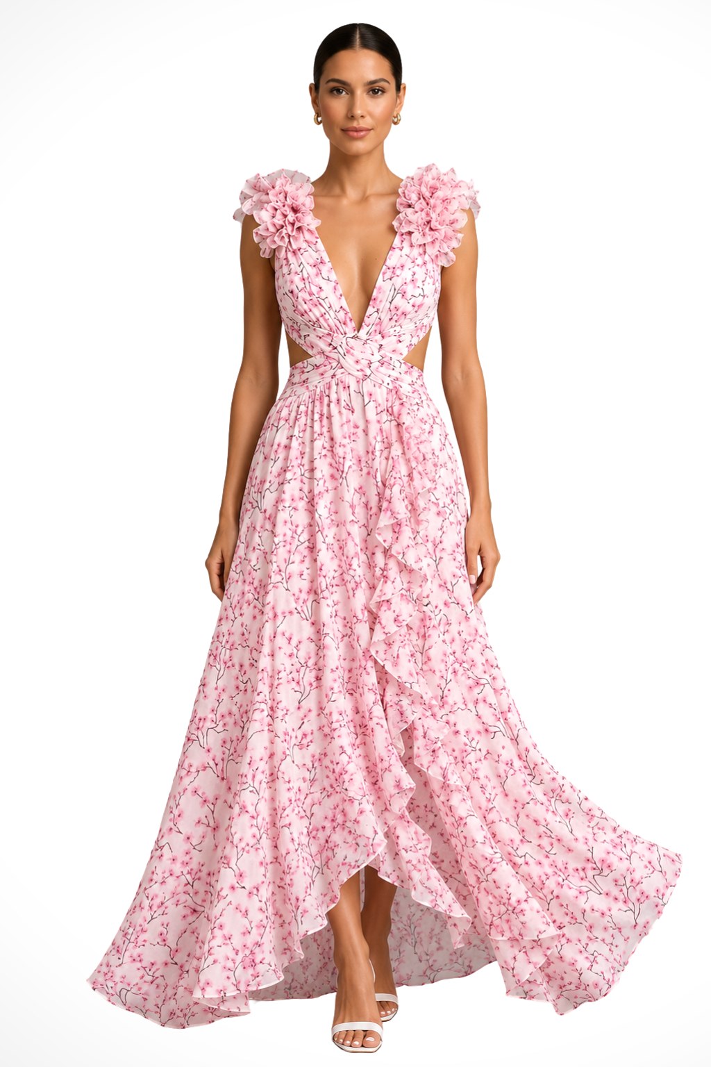 Bernadette | Women's Floral Maxi Dress with V-Neck and Ruffled Shoulders, Wedding Guest Dress | Bella Blue | Pink